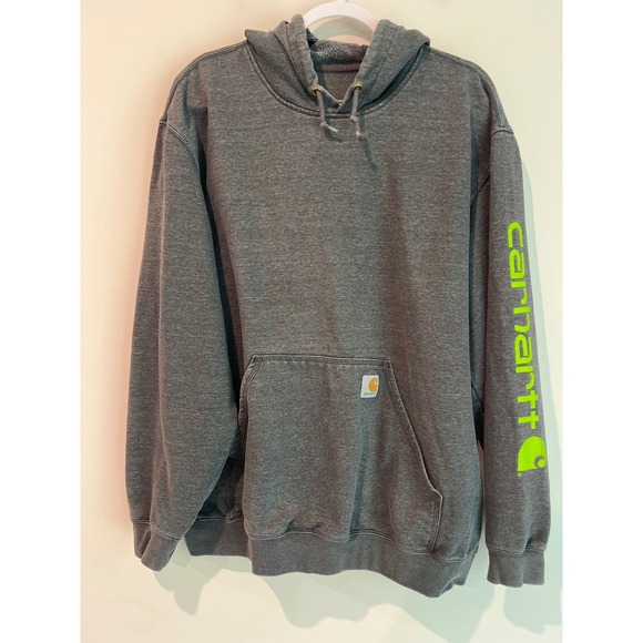Carhartt Other - Carhartt Mens XL Charcoal Grey Neon Green Sleeve Logo‎ Hoodie Original Fit K288